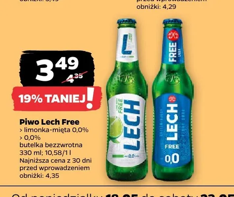 Piwo bezalkoholowe Lech Free limonka-mięta 0,0% butelka bezzwrotna promocja w Netto