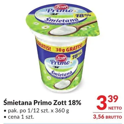 Śmietana Primo Zott 18% promocja w Makro