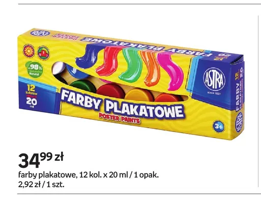 Farby plakatowe 12 kolorów 20 ml Astra promocja w Empik
