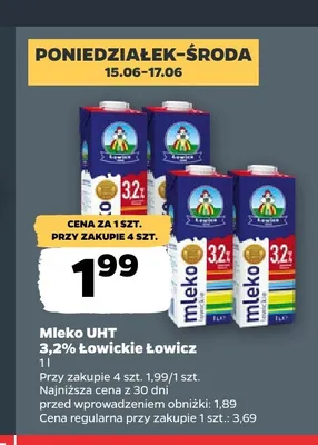Mleko UHT 3,2% Łowickie Łowicz promocja w Netto