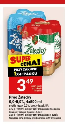 Piwo bezalkoholowe Žatecký 0,0% svetly lezak 4-pak 500ml promocja w Twój Market