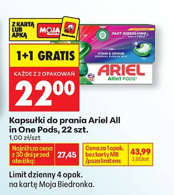 Kapsułki do prania All in One Pods 1+1 GRATIS promocja w Biedronka