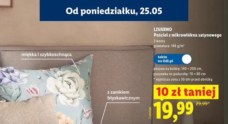 Pościel z mikrowłókna satynowego LIVARNO 140x200cm 70x80cm promocja w Lidl