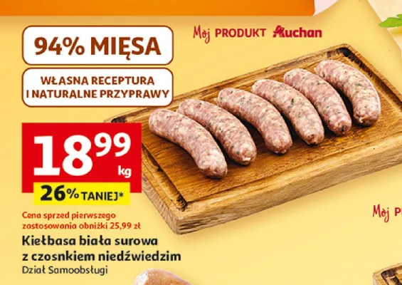 Kiełbasa biała surowa z czosnkiem niedźwiedzim promocja w Auchan