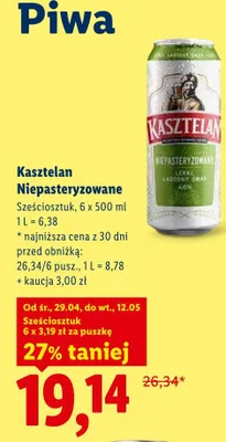 Piwo Kasztelan Niepasteryzowane sześciosztuk promocja w Lidl