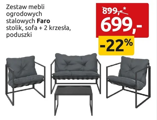 Zestaw mebli ogrodowych stalowych Faro stolik, sofa + 2 krzesła, poduszki promocja w Black Red White