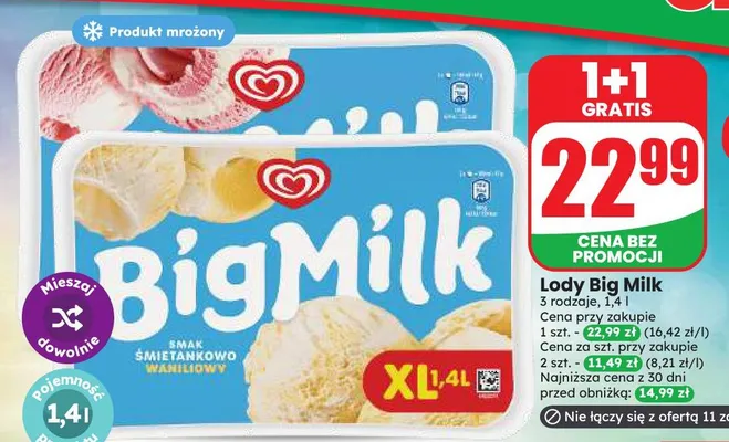 Lody Big Milk śmietankowo waniliowe promocja w Dino