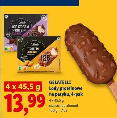 Lody proteinowe na patyku Gelatelli almond 4-pak promocja w Lidl