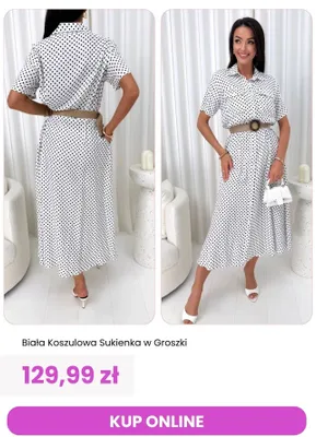 Sukienka koszulowa biała w groszki ModnaKiecka.pl promocja w Modna Kiecka