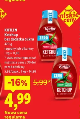 Ketchup bez dodatku cukru łagodny Kotlin promocja w Lidl