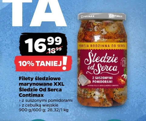 Filety śledziowe marynowane XXL Śledzie Od Serca z cebulką wiejskie Contimax promocja w Netto