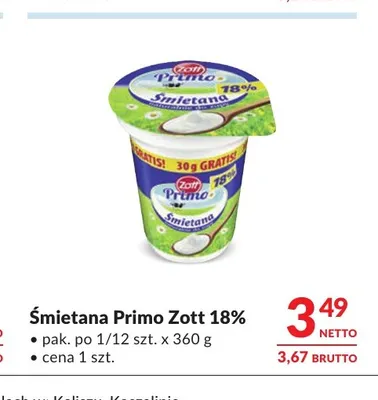 Śmietana Primo Zott 18% promocja w Makro