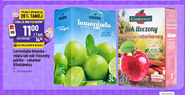 Sok tłoczony jabłkowo-rabarbarowy Klimkiewicz promocja w POLOmarket