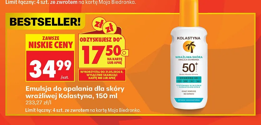 Emulsja do opalania dla skóry wrażliwej Kolastyna SPF50+ promocja w Biedronka