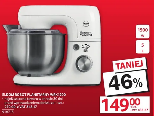 Robot planetarny Eldom WRK1200 1500W 5L promocja w Selgros