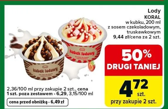 Lody w kubku, z sosem czekoladowym, truskawkowym promocja w Carrefour Express