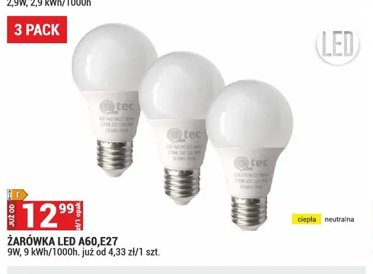 Żarówka LED A60 E27 3-pak 9W promocja w Merkury Market
