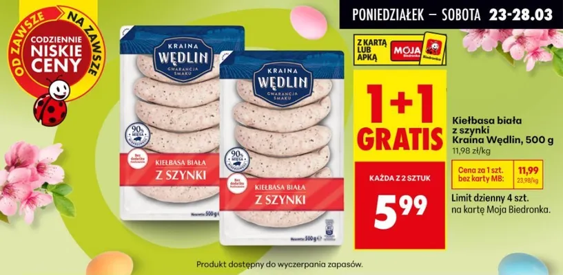 Kiełbasa biała z szynki 1+1 GRATIS promocja w Biedronka