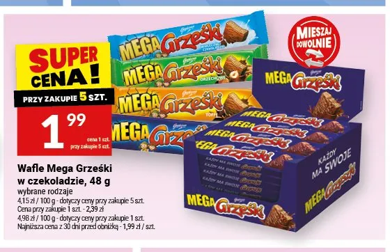 Wafle Mega Grześki w czekoladzie kakaowe promocja w Twój Market
