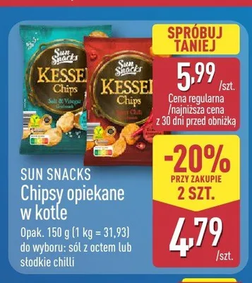 Chipsy opiekane w kotle o smaku słodkiego chilli Sun Snacks promocja w Aldi