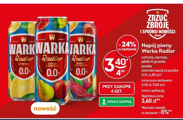 Piwo bezalkoholowe Warka Radler Jabłko z Gruszką 0,0% promocja w Żabka