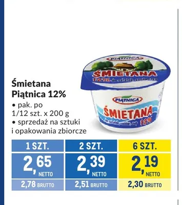 Śmietana Piątnica 12% promocja w Makro