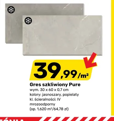 Gres szkliwiony Pure jasnoszary 30x60x0,7 cm mrozoodporny promocja w Bricomarche