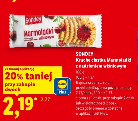 Kruche ciastka Marmoladki z nadzieniem wiśniowym Sondey promocja w Lidl