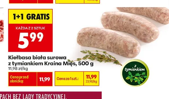 Kiełbasa biała surowa z tymiankiem Kraina Mięs promocja w Biedronka