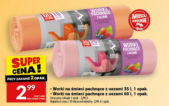 Worki na śmieci pachnące z uszami 60 l Anna Zaradna promocja w Twój Market