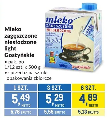 Mleko zagęszczone niesłodzone light Gostyńskie promocja w Makro