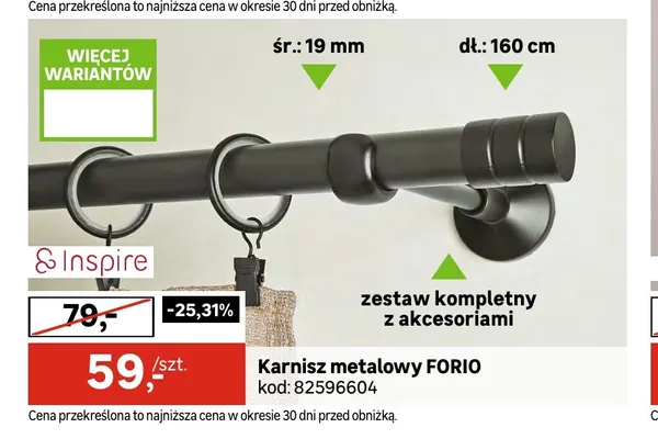 Karnisz metalowy Forio 160 cm zestaw kompletny z akcesoriami Inspire promocja w Leroy Merlin