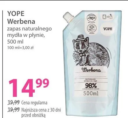 Zapas naturalnego mydła w płynie Yope Werbena promocja w Hebe