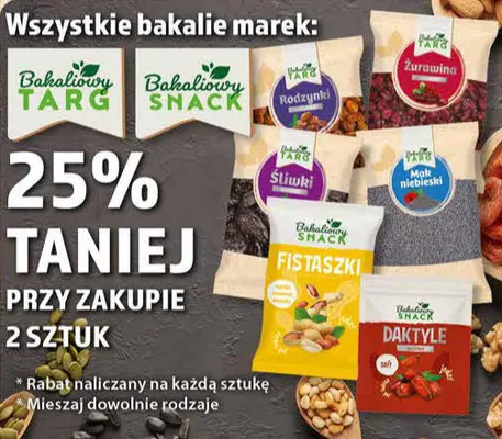 Bakalie marek: Bakaliowy Targ, Bakaliowy Snack, Rodzynek, Żurawina, Śliwki, Mak niebieski, Fistaszki, Daktyle promocja w Dino