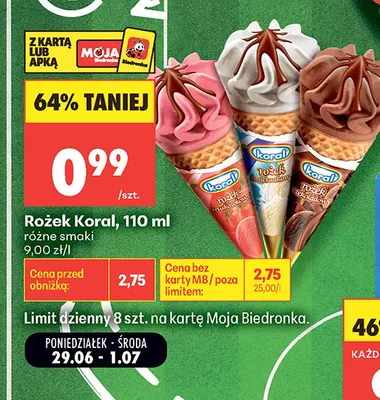 Lody Rożek Koral truskawkowy promocja w Biedronka