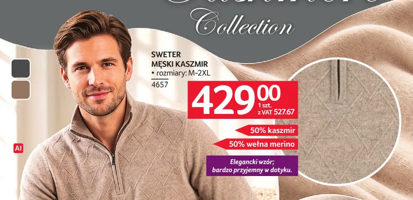 Sweter męski kaszmir 50% kaszmir 50% wełna merino promocja w Selgros