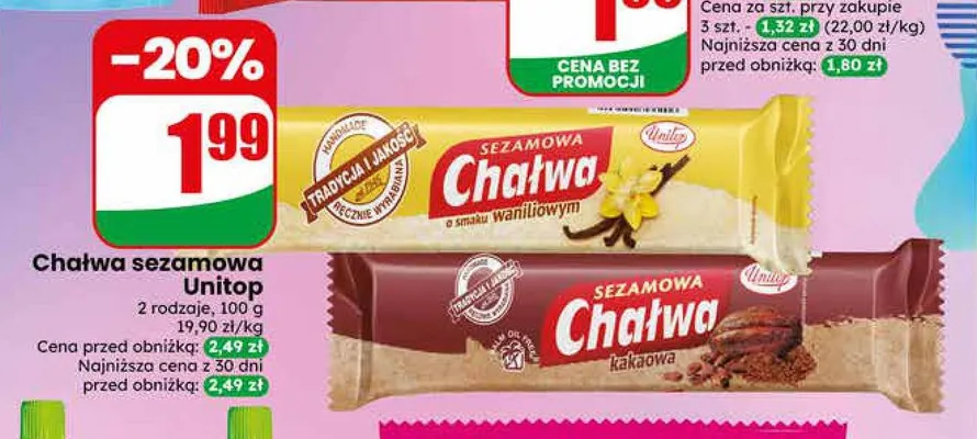 Chałwa sezamowa Unitop kakaowa promocja w Dino