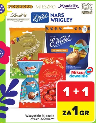 Jajeczka czekoladowe Ferrero, Mieszko, Mondelez, Mars Wrigley, Nestlé, Lindt, E.Wedel promocja w Carrefour Market