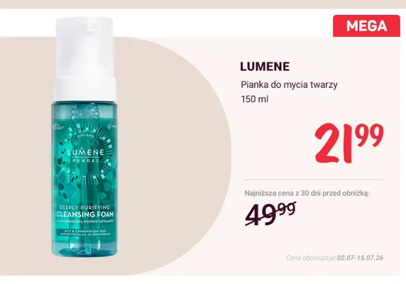 Pianka do mycia twarzy Lumene promocja w Rossmann