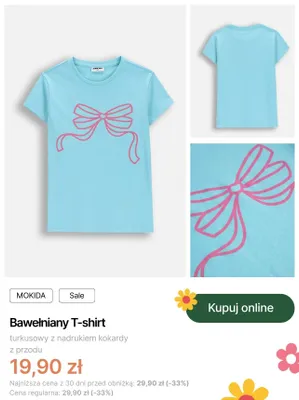T-shirt bawełniany Mokida turkusowy z nadrukiem kokardy promocja w Coccodrillo