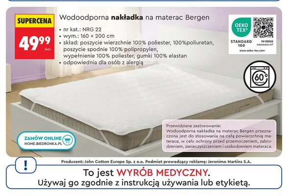 Wodoodporna nakładka na materac Bergen Smukee 160x200 cm promocja w Biedronka