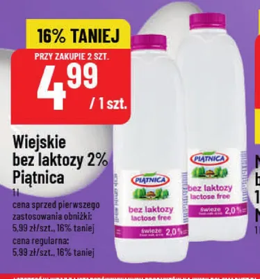 Mleko wiejskie bez laktozy Piątnica 2% promocja w POLOmarket
