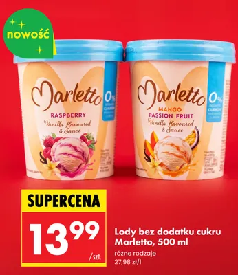 Lody bez dodatku cukru Marletto waniliowe z sosem malinowym promocja w Biedronka