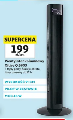 Wentylator kolumnowy Qilive Q.6903 3 tryby pracy funkcja obrotu timer czasowy do 12h wysokość 91cm pilot w zestawie moc 45W promocja w Auchan