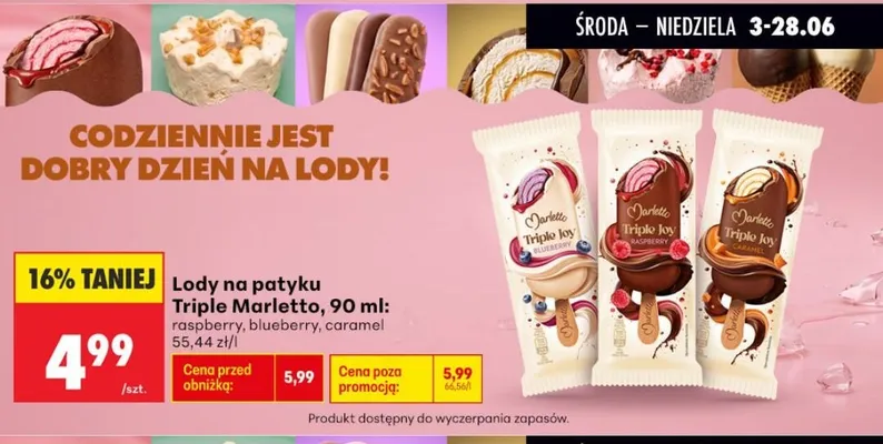 Lody na patyku Marletto Triple Joy caramel promocja w Biedronka