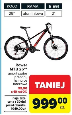 Rower MTB 26" amortyzator przedni hamulce tarczowe promocja w Carrefour