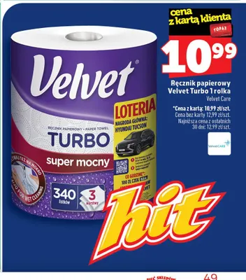 Ręcznik papierowy Velvet Turbo 1 rolka promocja w TOPAZ