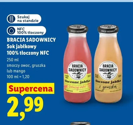 Sok jabłkowy tłoczony NFC gruszka Bracia Sadownicy 100% promocja w Lidl