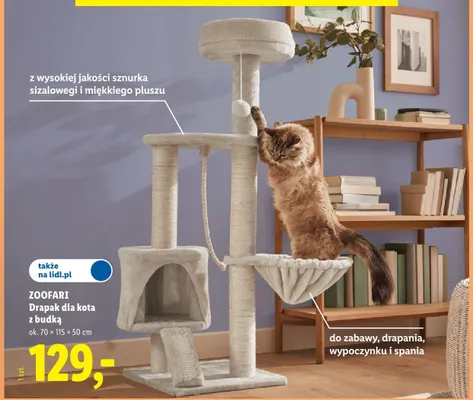 Drapak dla kota z budką ZOOFARI ok. 70x115x50cm promocja w Lidl
