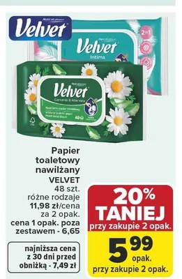Papier toaletowy nawilżany Velvet Camomile & Aloe Vera promocja w Carrefour